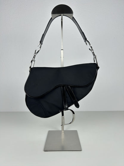 2001 Dior black satin and patent leather saddle bag