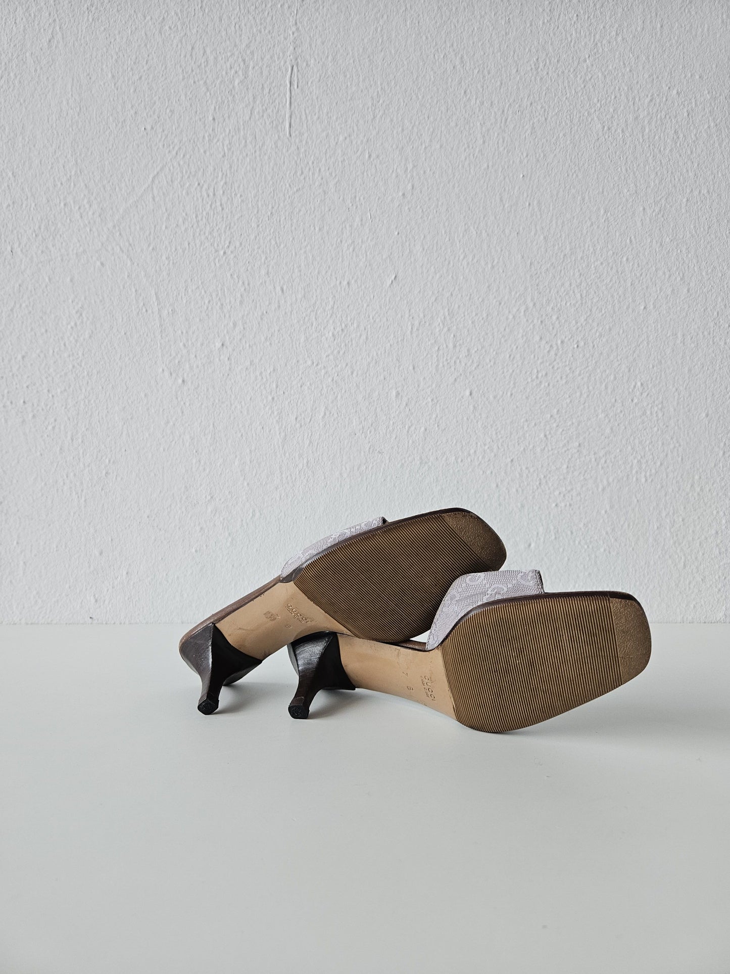 Vintage Gucci monogram canvas high heel open toe mules