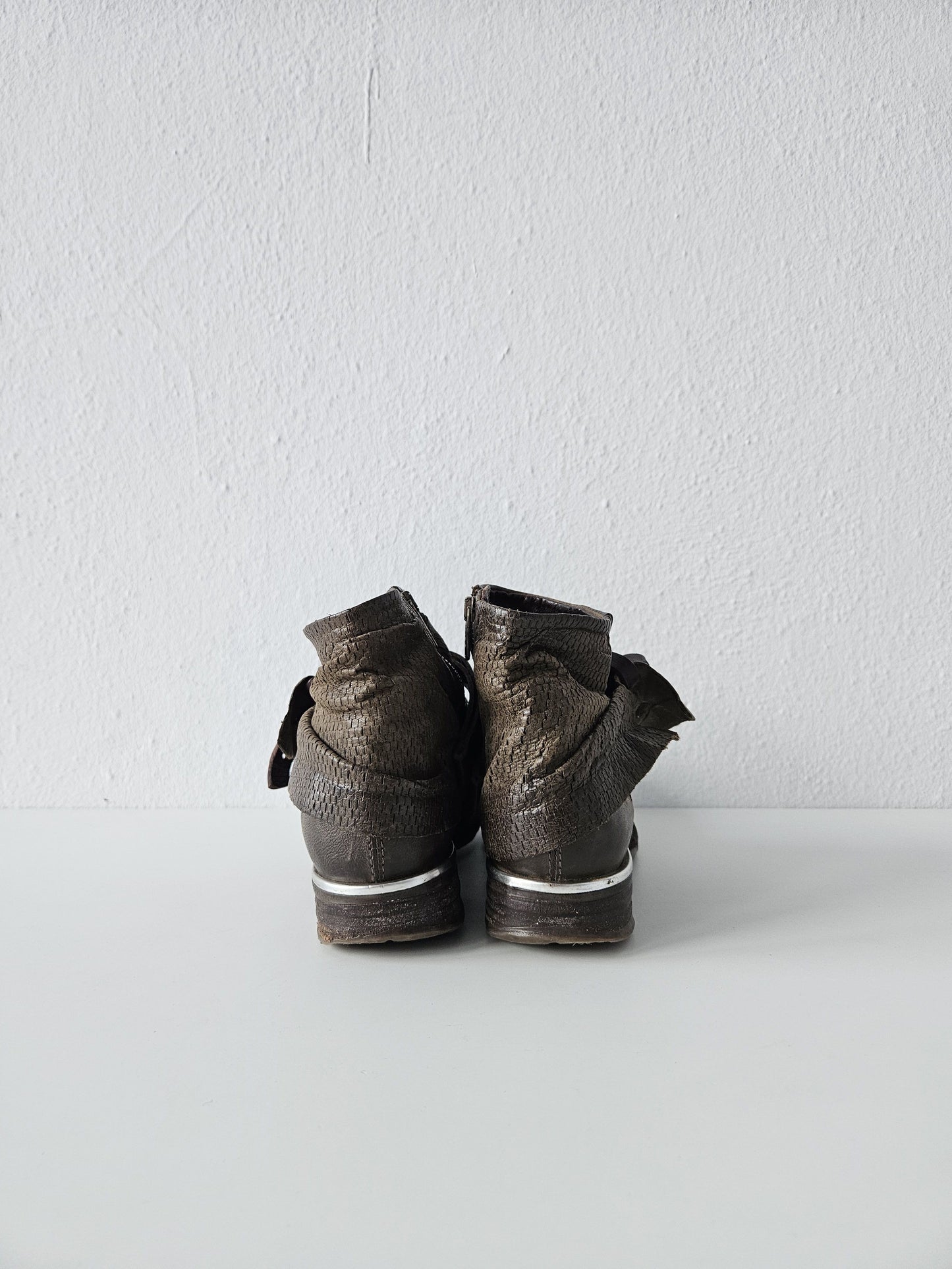 Archive AS98 olive leather bondage side zip ankle boots