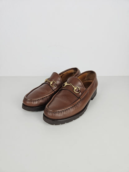 Vintage Gucci leather horsebit loafers with notched thick sole