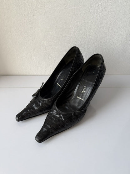 Prada woven leather long toe pumps with bow