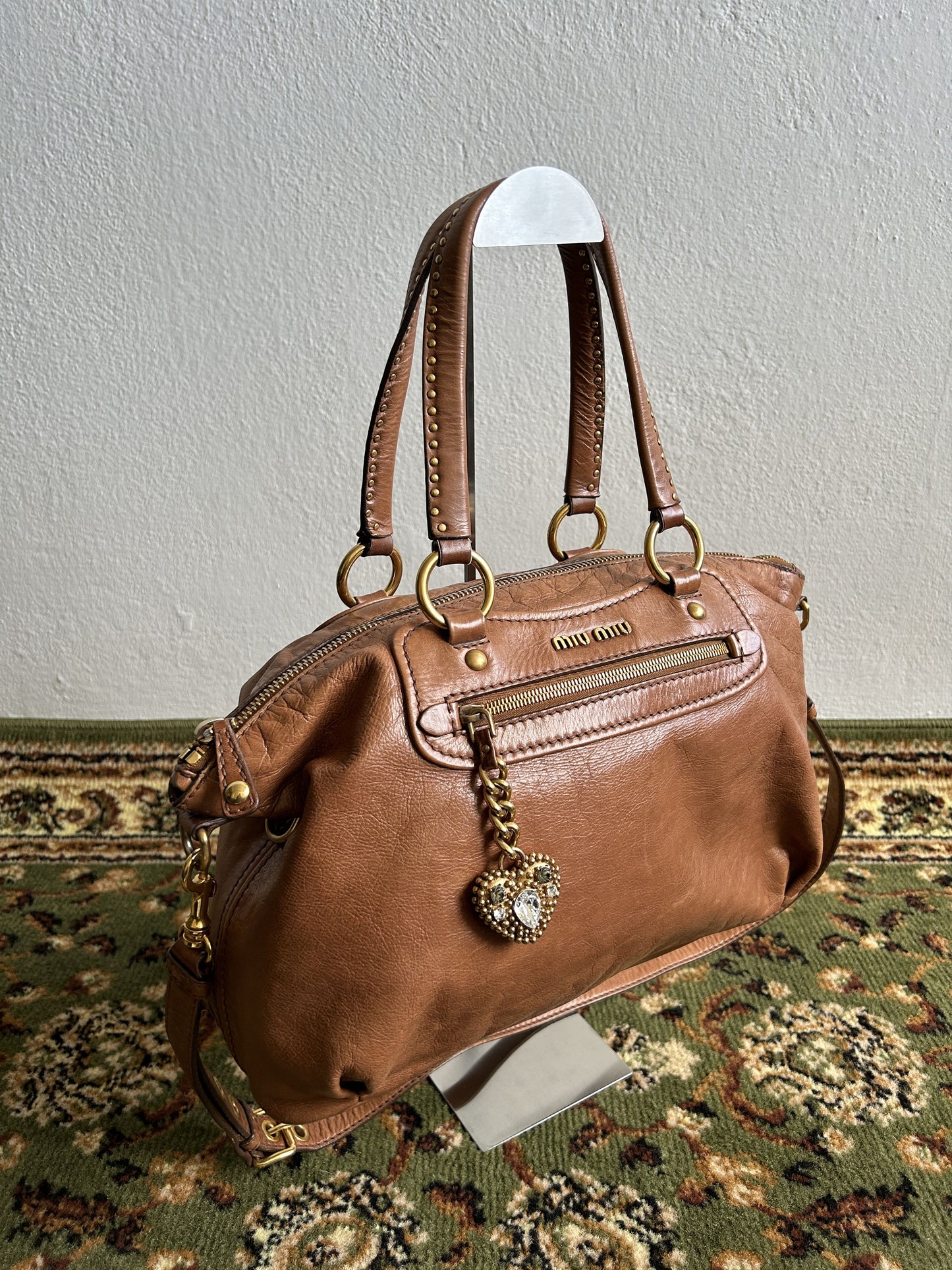 Vintage y2k miu miu leather top zip charm studded handbag