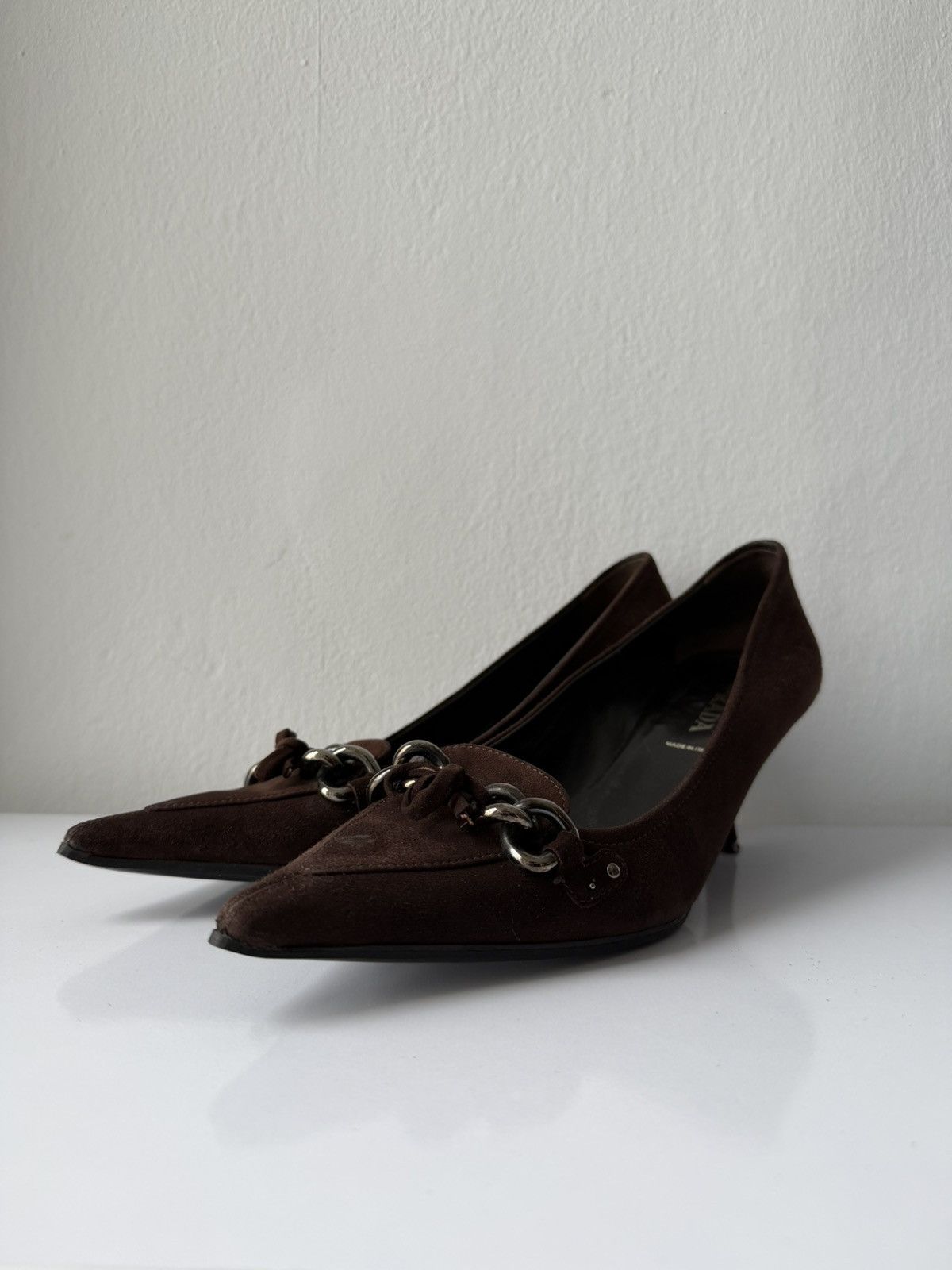 Vintage Prada suede pointed toe chain detail kitten heels