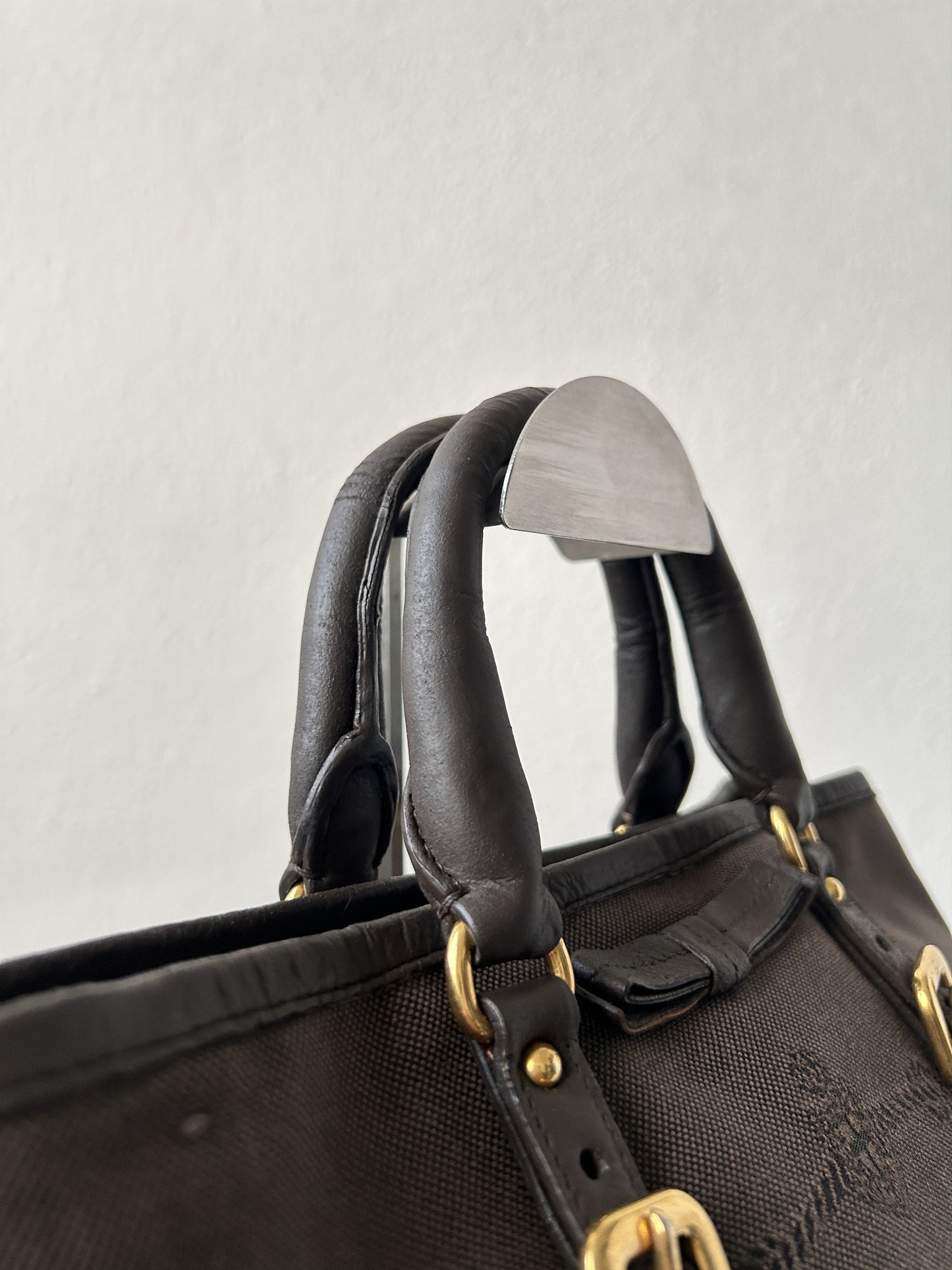 Prada canvas and leather triangle logo tote bag