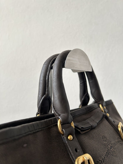Prada canvas and leather triangle logo tote bag