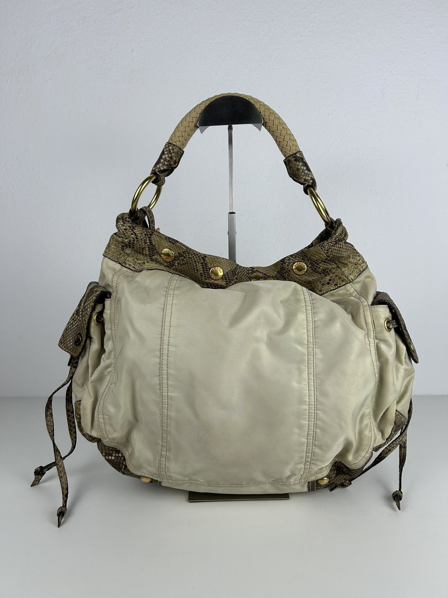 Prada python and nylon triangle logo hobo handbag
