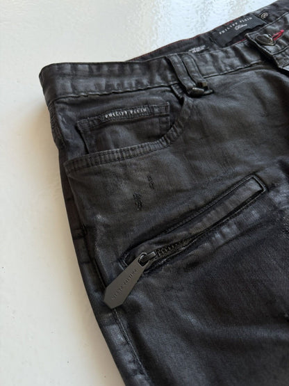 Philipp Plein born&raised distressed waxed biker denim
