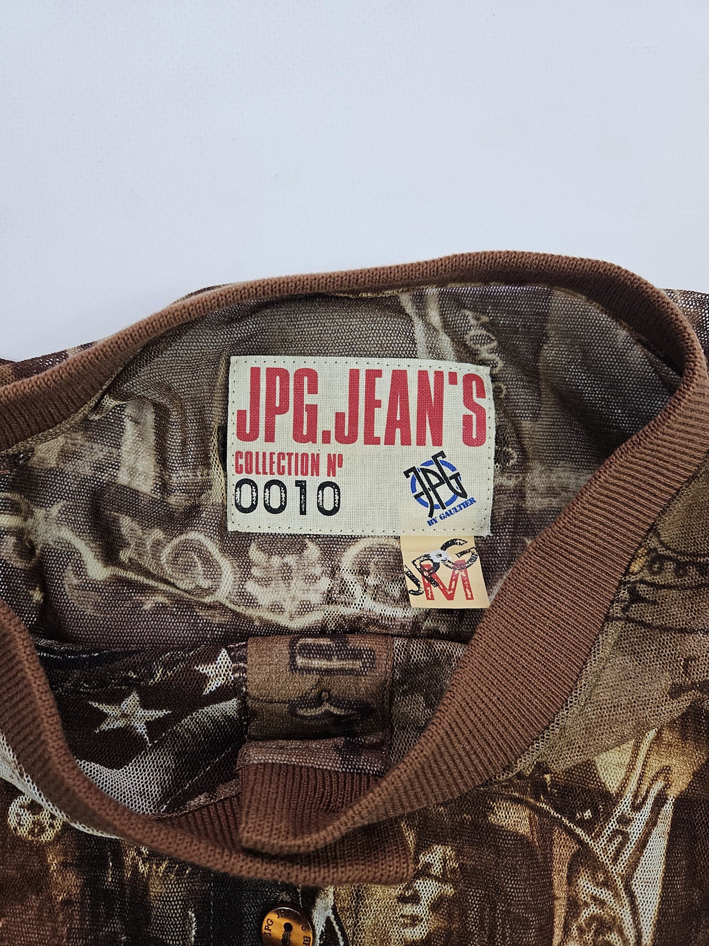 Jean Paul Gaultier jeans native american all over print button up mesh top