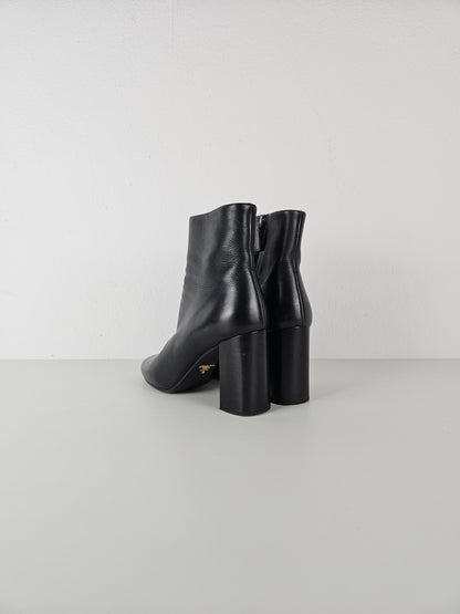 Prada calf leather side zip block heel ankle boots