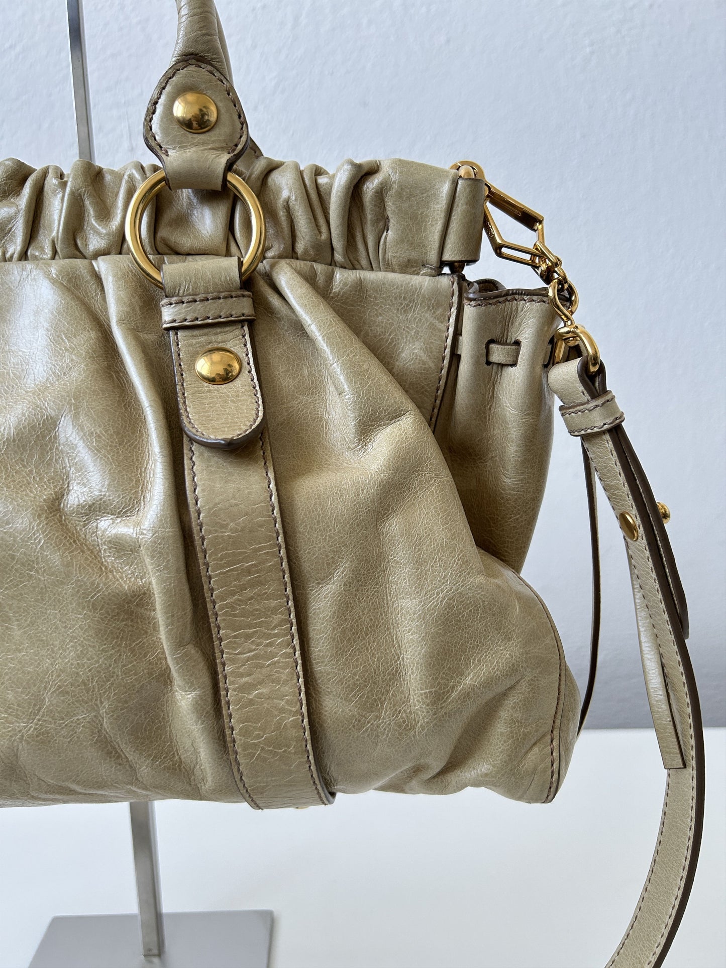 Miu miu vitello bauletto aperto gathered leather handbag