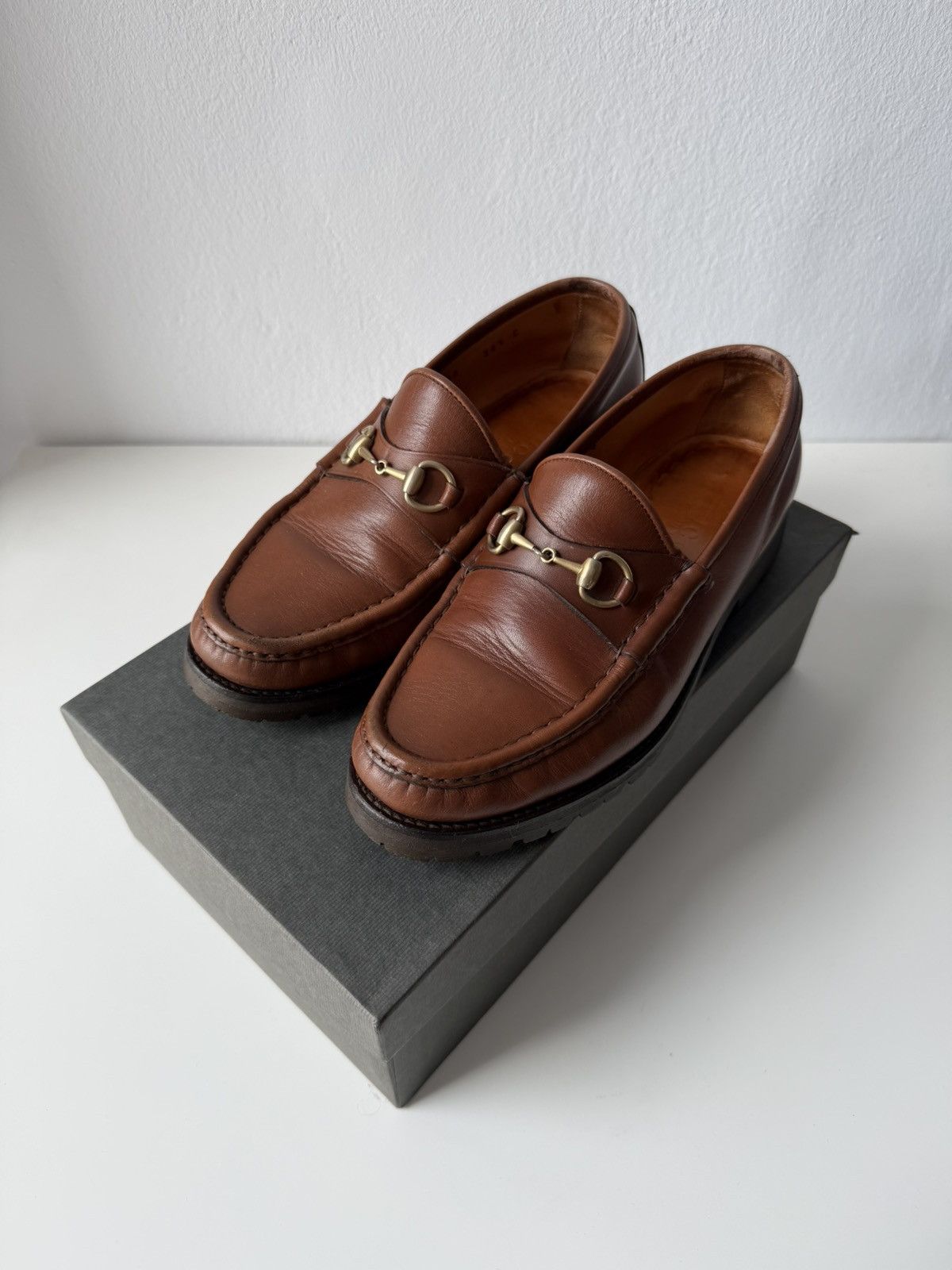 Gucci leather horsebit loafers on a thick notched sole