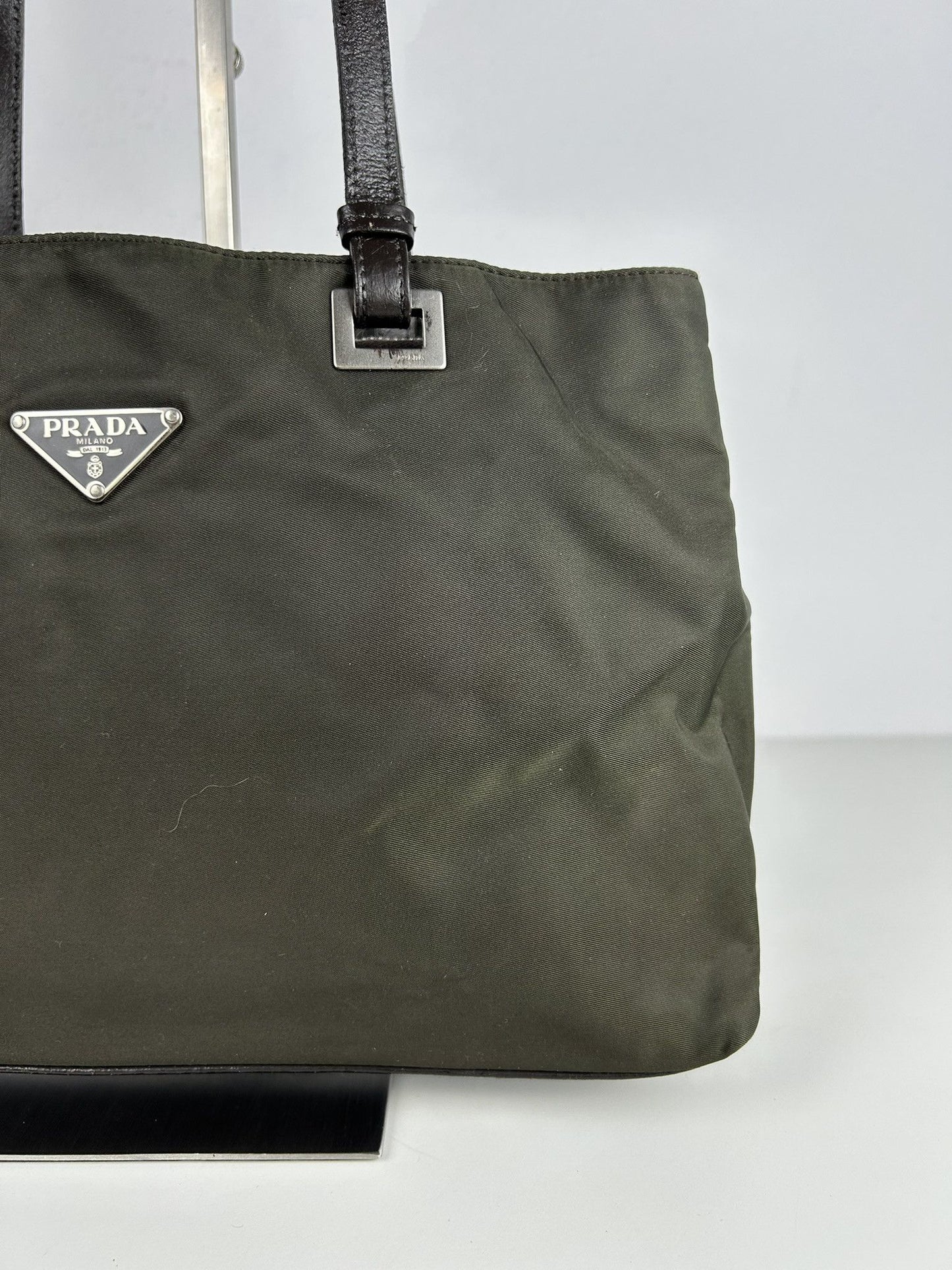 Vintage y2k prada nylon and leather triangle logo tote bag