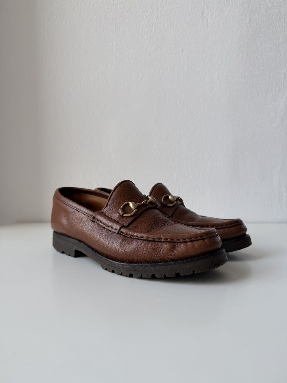 Gucci leather horsebit loafers on a thick notched sole