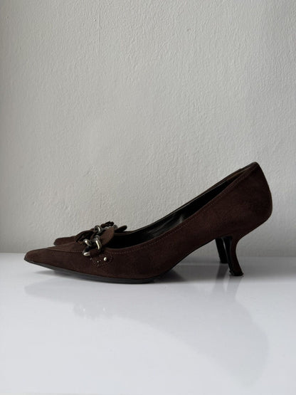 Vintage Prada suede pointed toe chain detail kitten heels