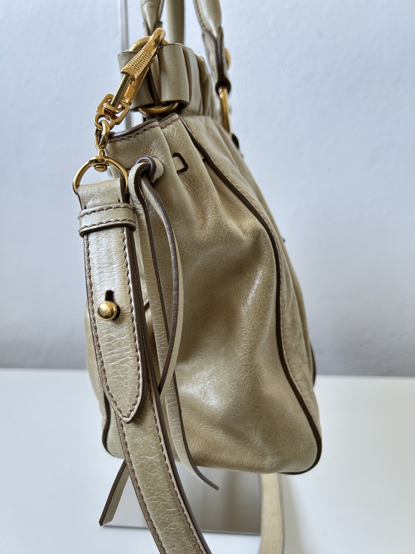 Miu miu vitello bauletto aperto gathered leather handbag