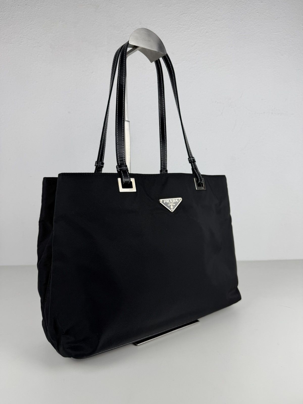 Vintage prada tessuto nylon and leather triangle logo tote