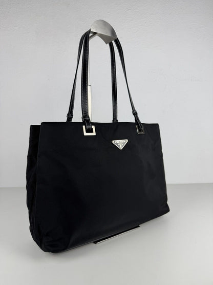 Vintage prada tessuto nylon and leather triangle logo tote