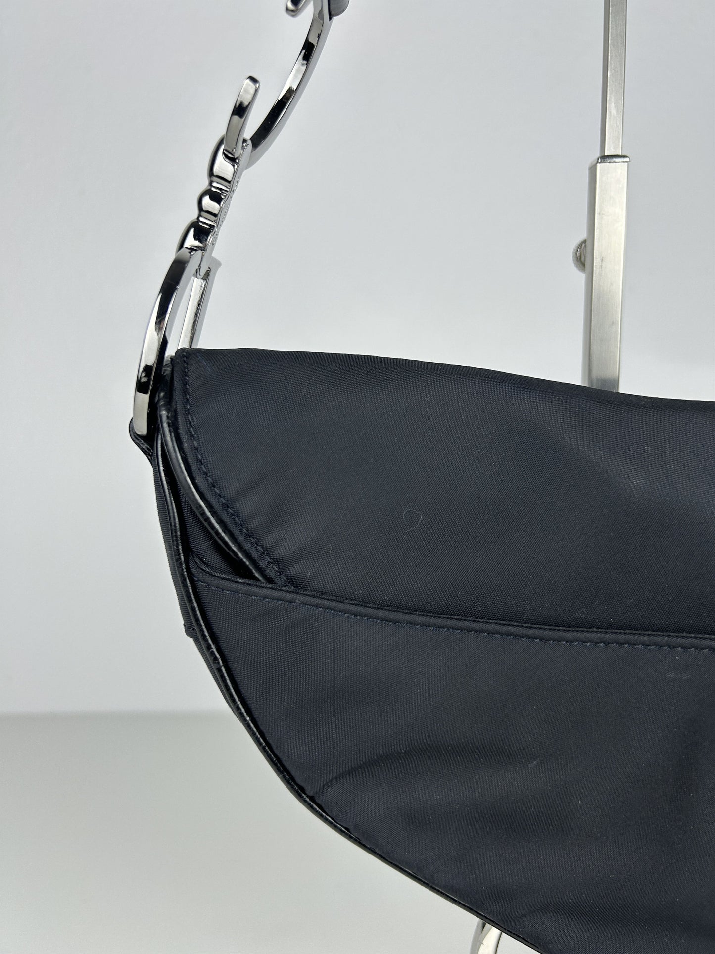 2001 Dior black satin and patent leather saddle bag