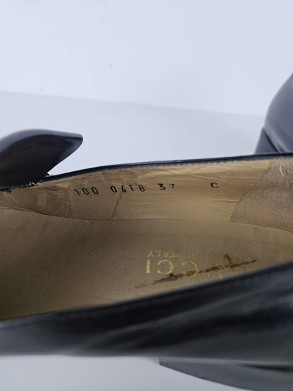 Vintage Gucci patent leather low block heel horsebit loafers