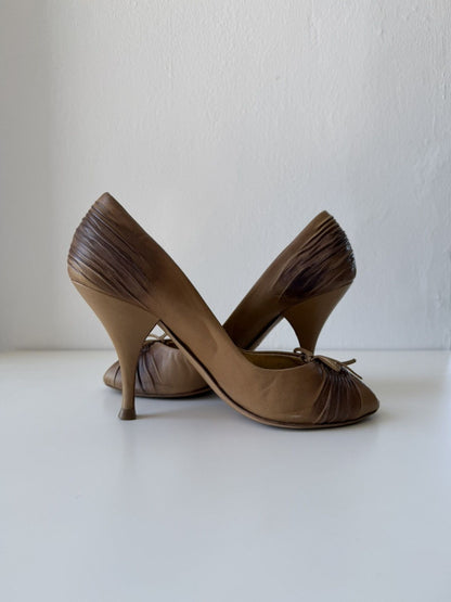 Prada pleated leather open toe pumps