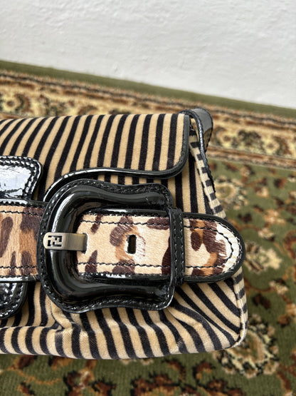Y2k Fendi buckle striped velvet and ponyhair handbag