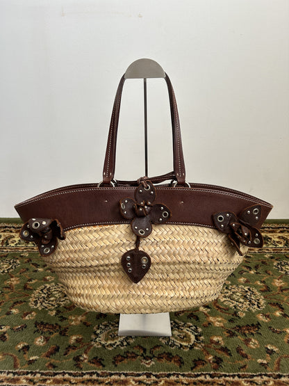 Vintage 90s archive miu miu raffia and leather tote bag