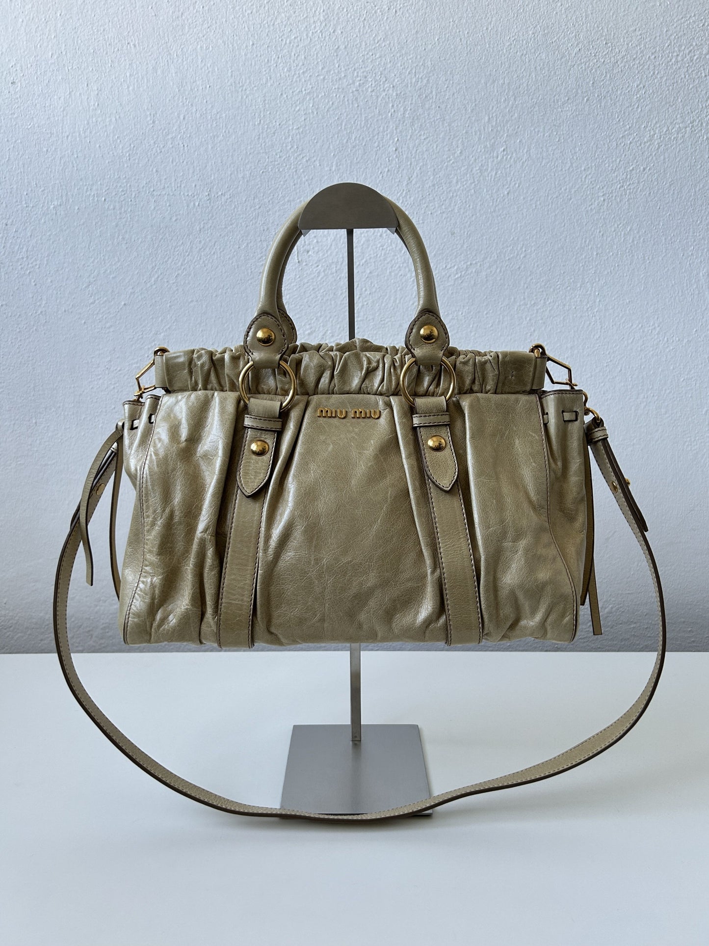 Miu miu vitello bauletto aperto gathered leather handbag
