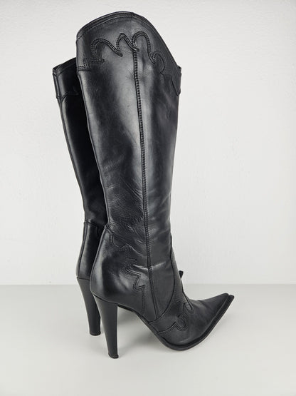 Vintage leather high heel pointed toe cowboy boots