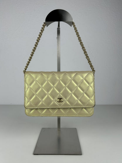 2020 Chanel gold metallic matelasse wallet on chain