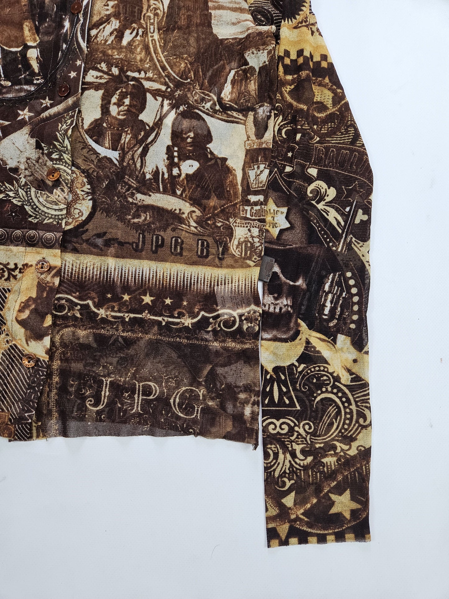 Jean Paul Gaultier jeans native american all over print button up mesh top