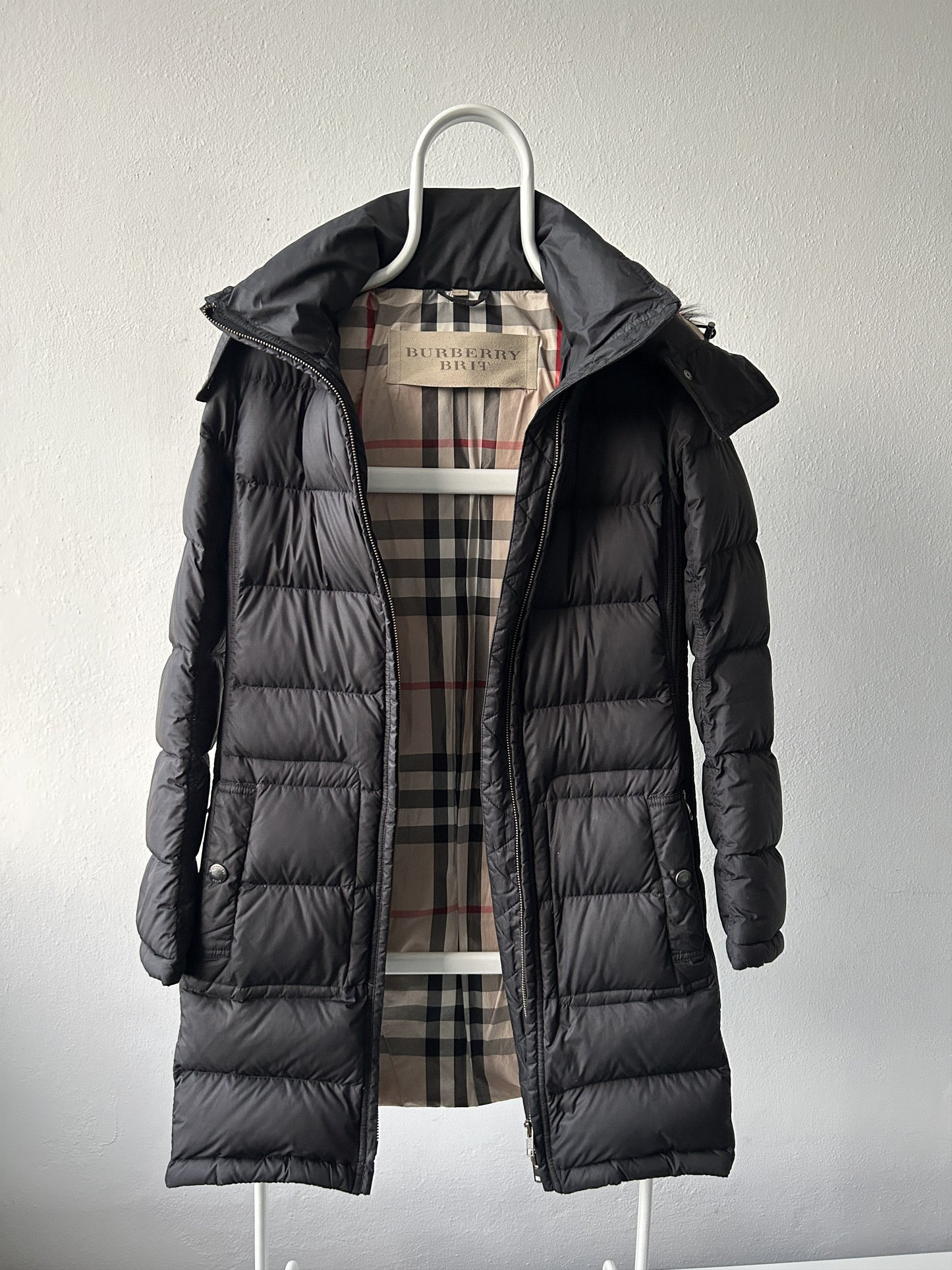 Burberry long hooded puffer coat