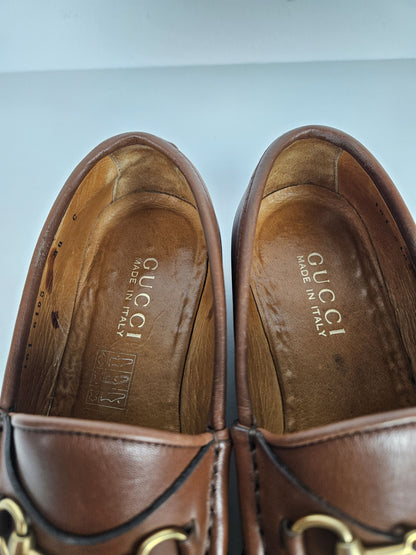 Vintage Gucci leather horsebit loafers with notched thick sole