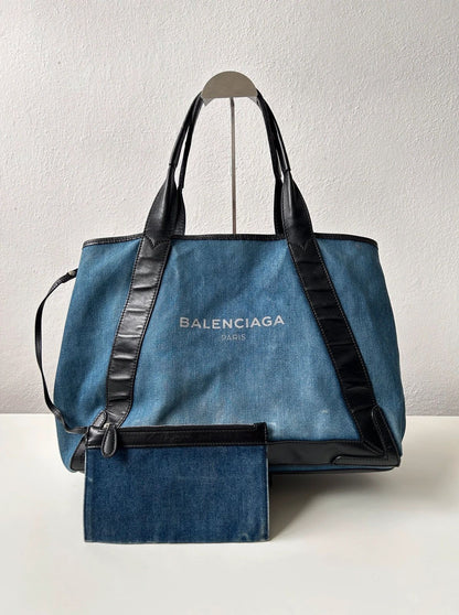 Balenciaga denim leather navy cabas m tote bag with pouch