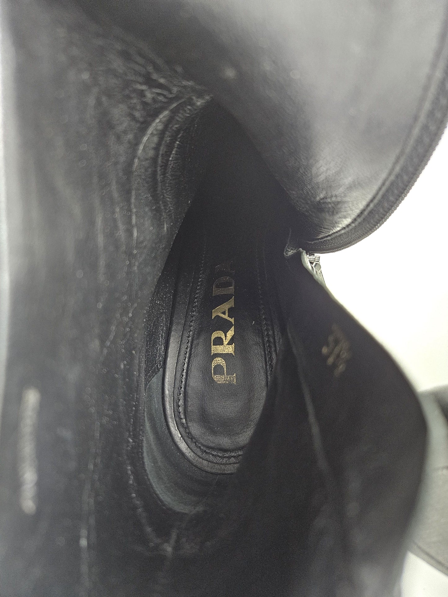 Prada calf leather side zip block heel ankle boots