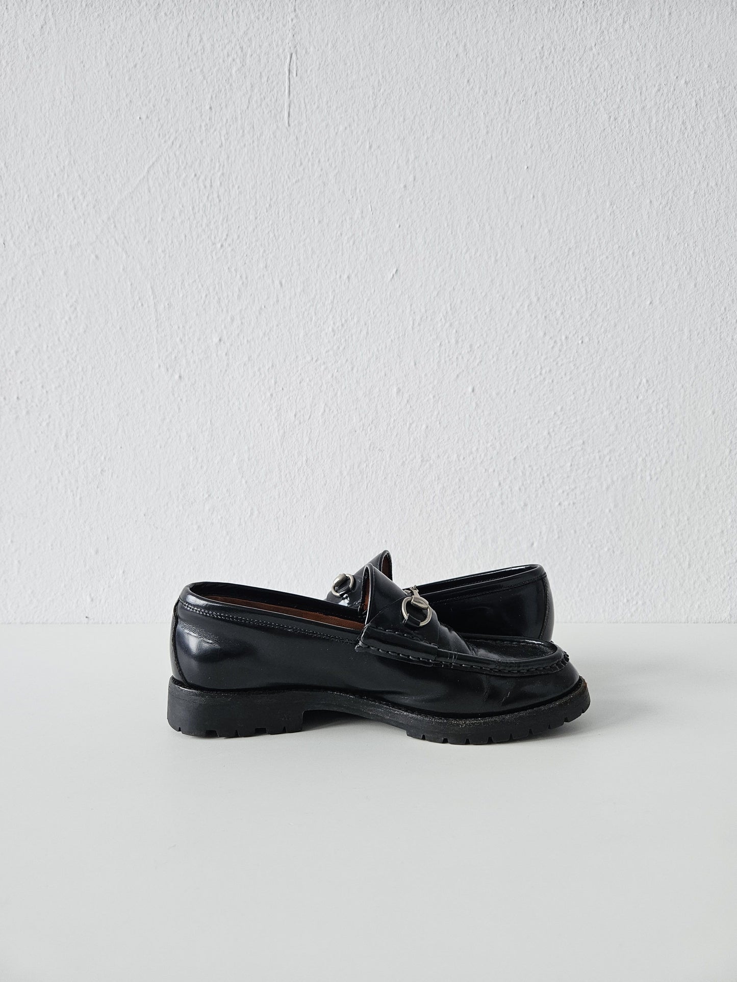 Vintage Gucci notched sole patent leather horsebit loafers