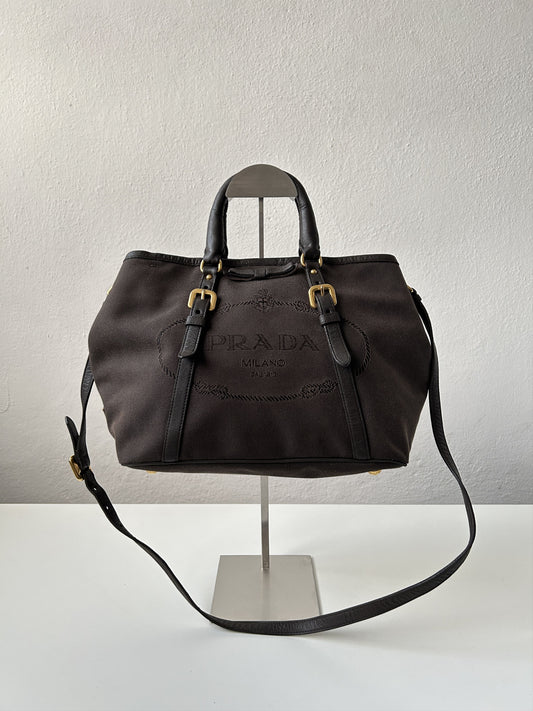 Prada canvas and leather triangle logo tote bag