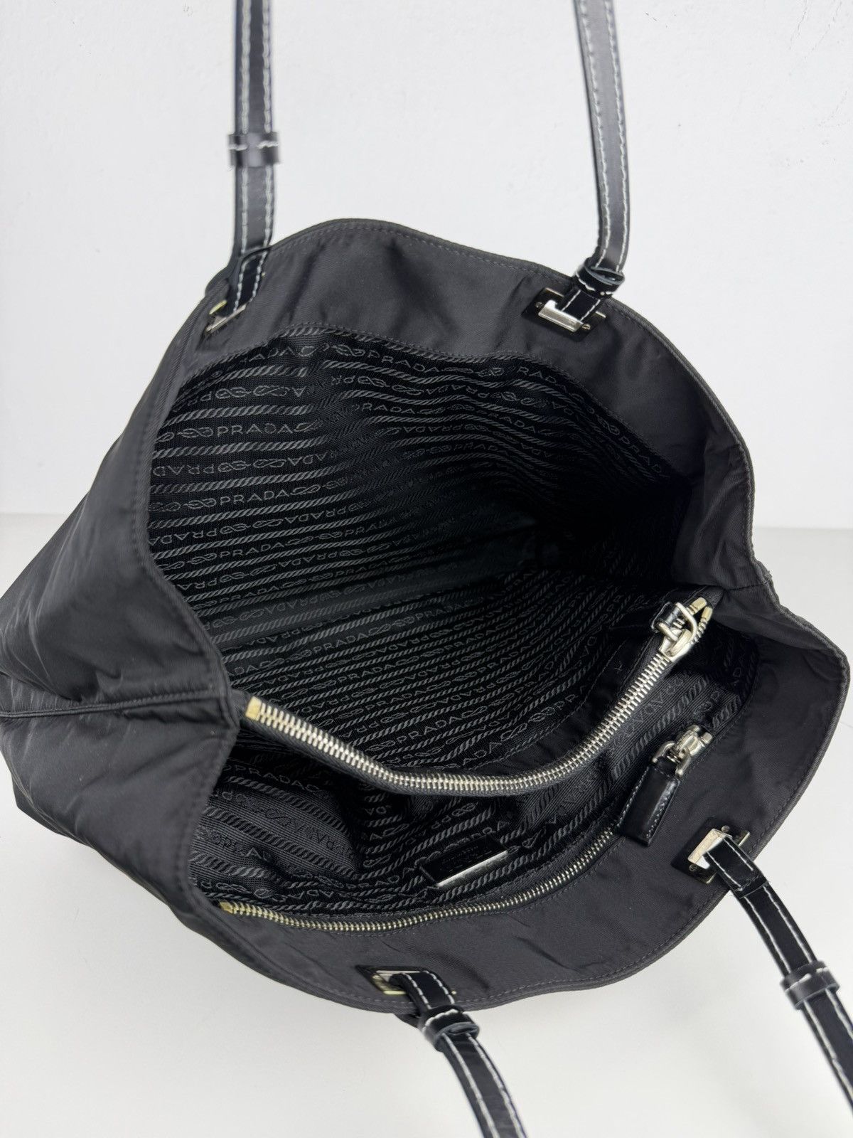 Vintage prada tessuto nylon and leather triangle logo tote