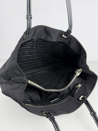 Vintage prada tessuto nylon and leather triangle logo tote