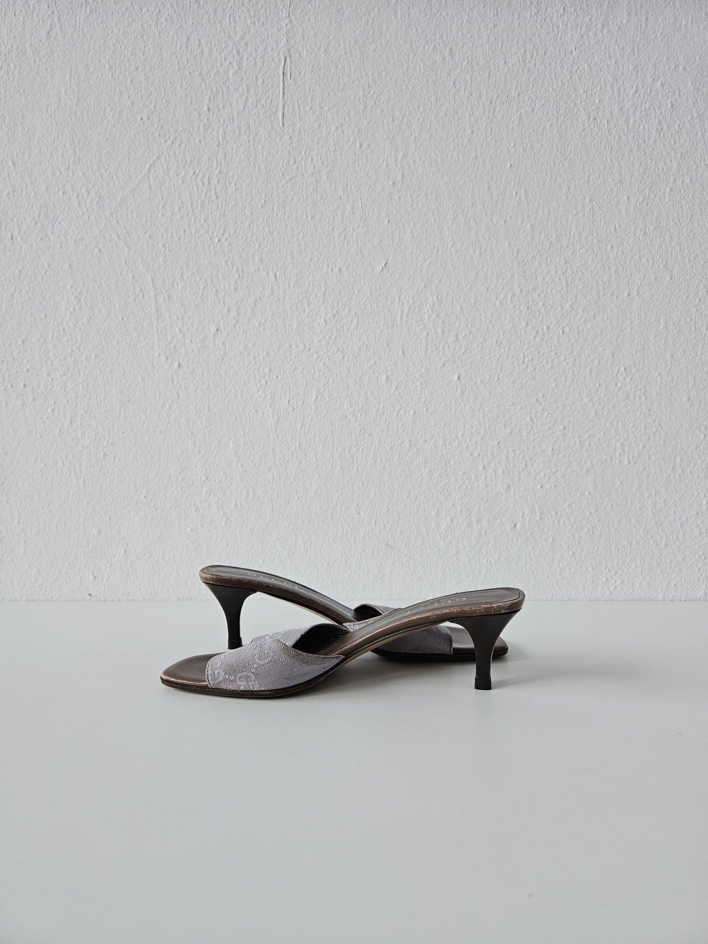 Vintage Gucci monogram canvas high heel open toe mules