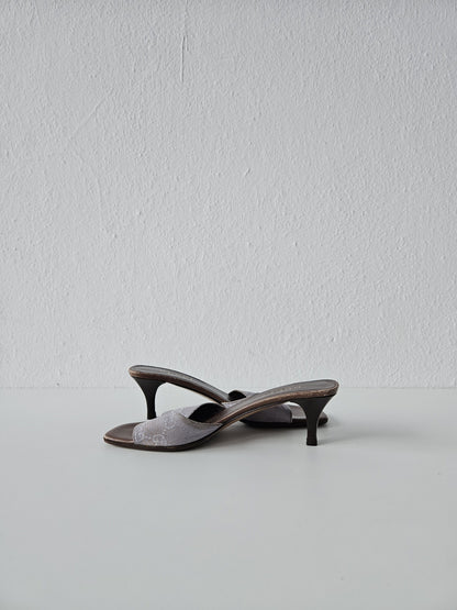Vintage Gucci monogram canvas high heel open toe mules