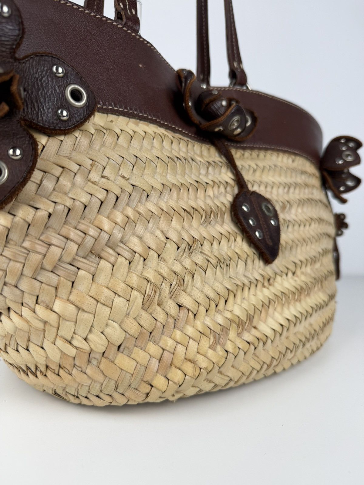 Vintage 90s miu miu wicker and leather basket tote bag