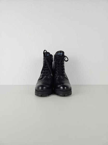 Prada lace up block heel notched sole ankle boots