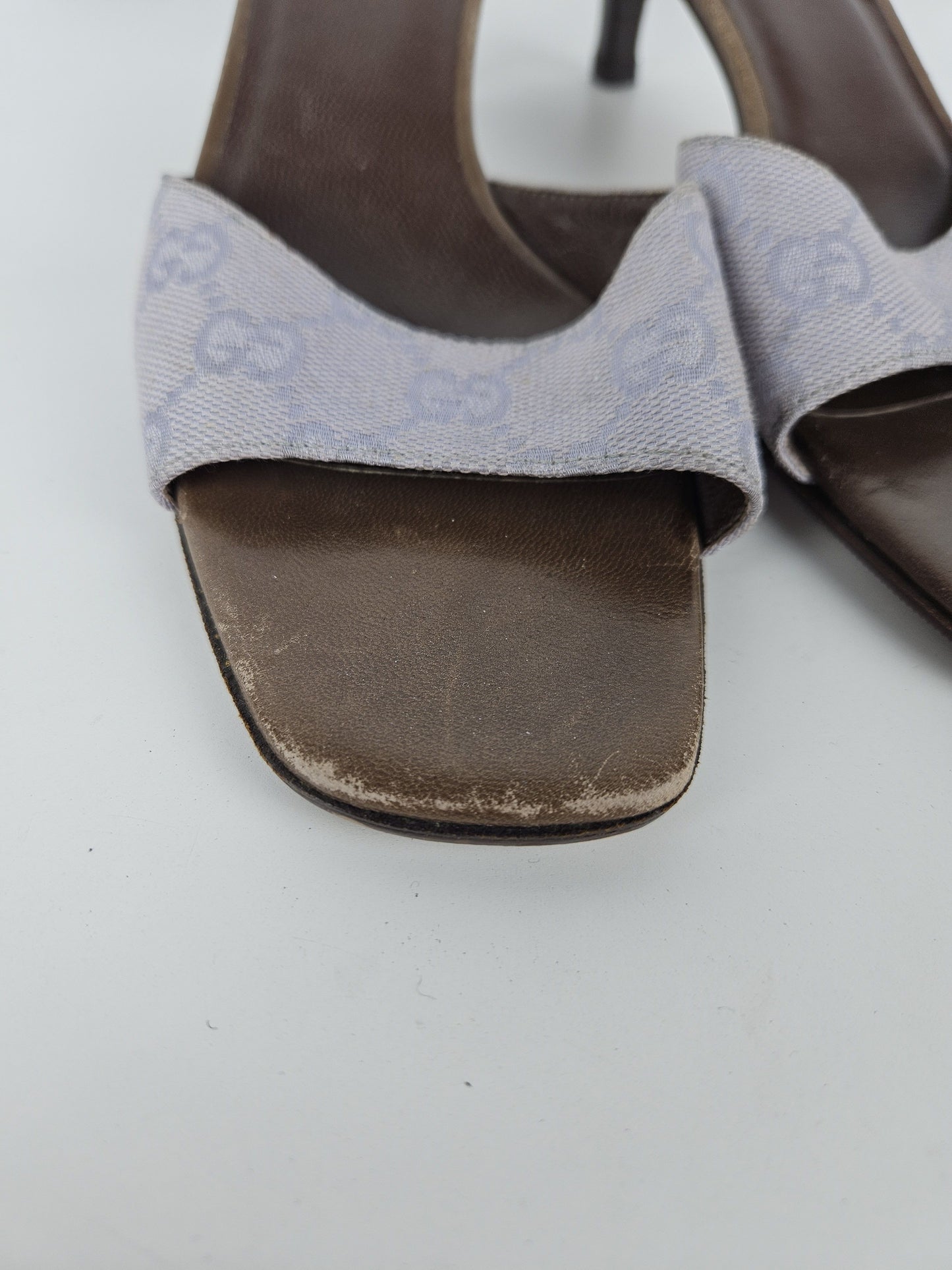 Vintage Gucci monogram canvas high heel open toe mules