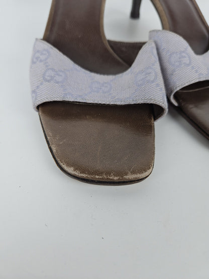Vintage Gucci monogram canvas high heel open toe mules
