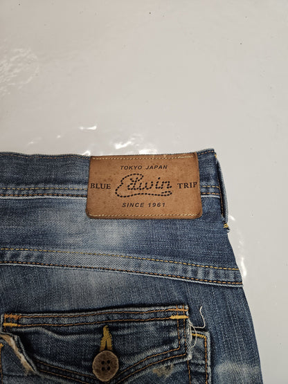 Edwin blue trip distressed washed bootcut denim