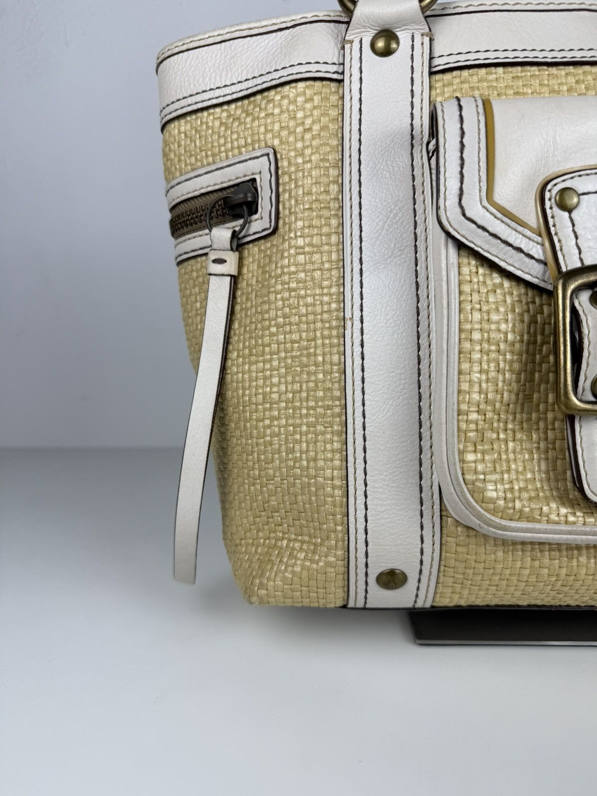 Coach legacy raffia and leather tote bag
