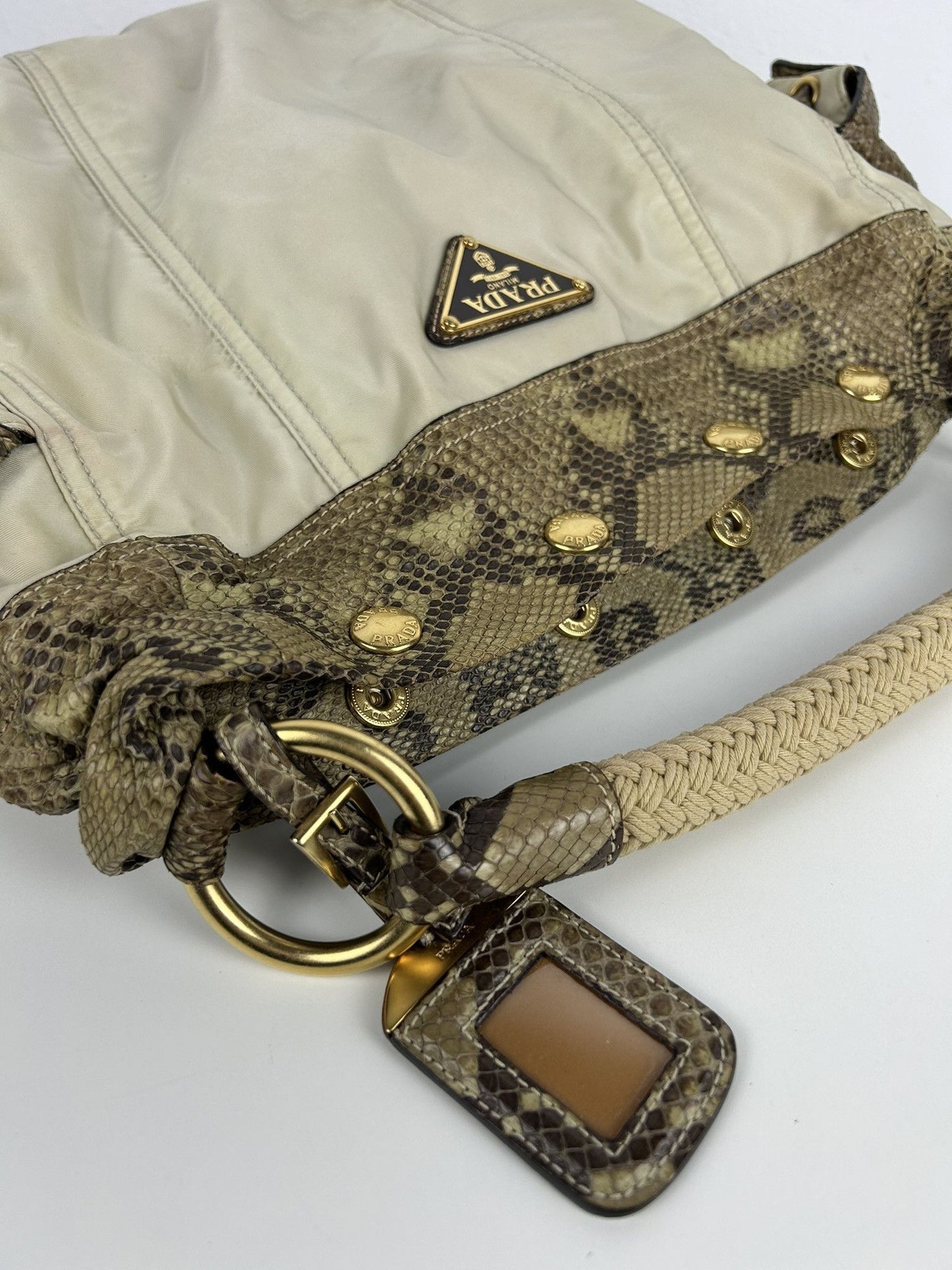Prada python and nylon triangle logo hobo handbag