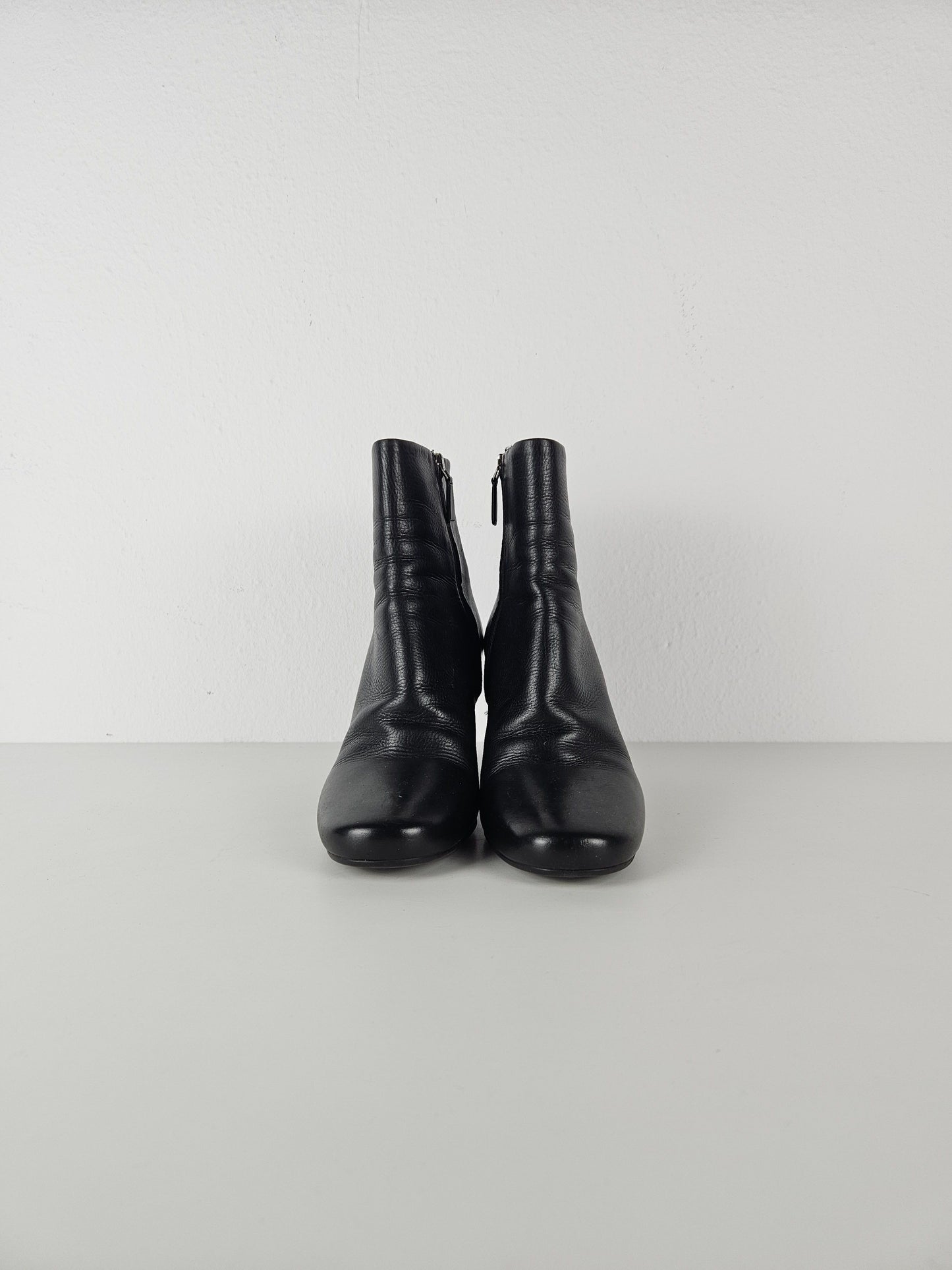 Prada calf leather side zip block heel ankle boots