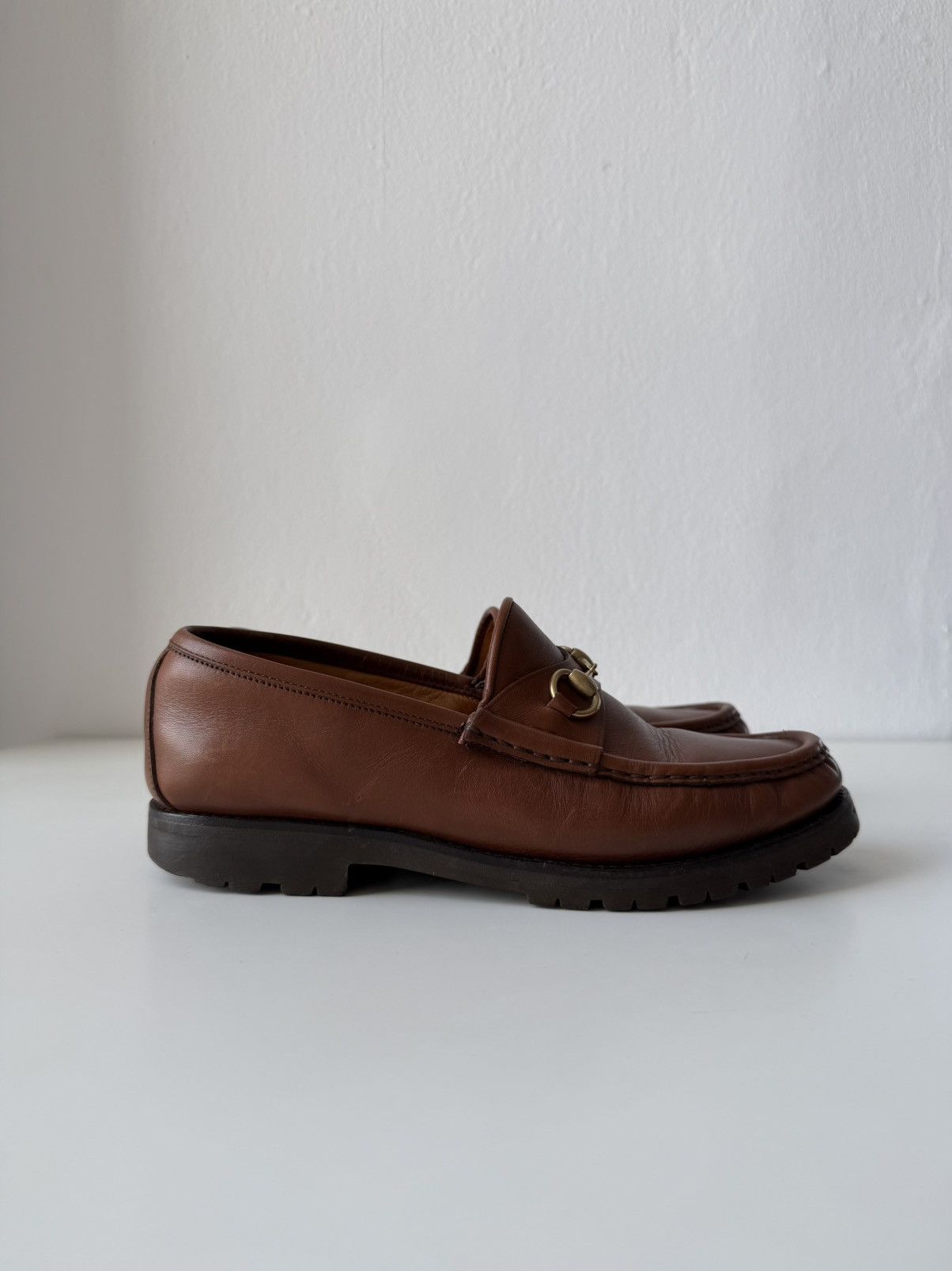 Gucci leather horsebit loafers on a thick notched sole