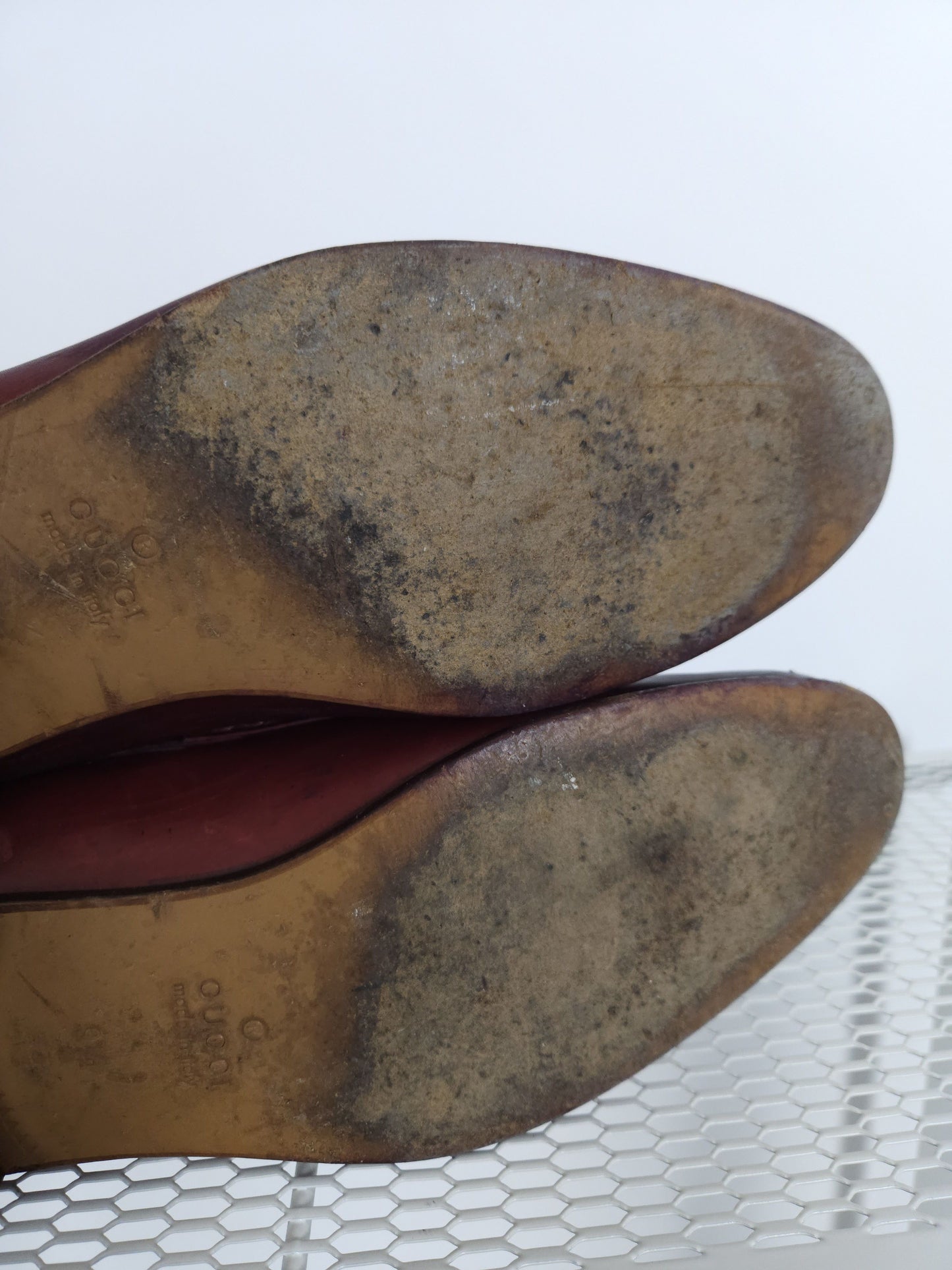 Gucci leather horsebit loafers in distressed red